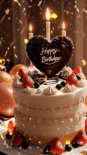 Happy Birthday — animated festive cake with candles and golden confetti